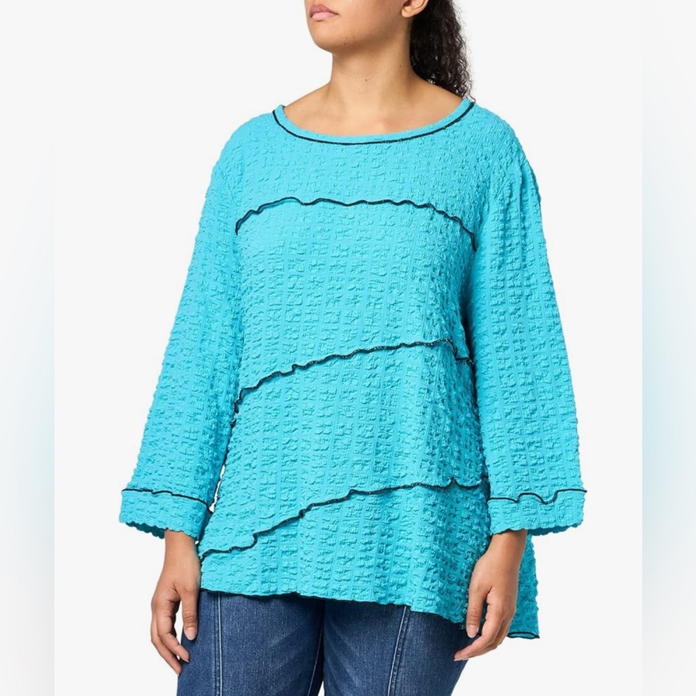NWT Ali Miles Plus Sz 2X Solid Woven Contrast Stitch Round Neck 3/4 Sleeve Tunic